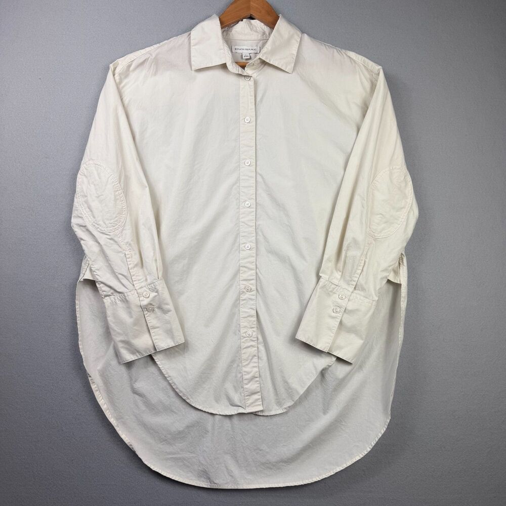 Banana Republic Button Up Shirt Womens L White High Low Hem Elbow Patch Cotton
